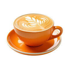 Isolated orange ceramic coffee cup with latte art