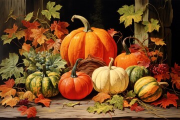 Autumn leaves and pumpkins vegetable painting autumn.