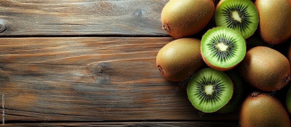 Aufkleber a pile of whole and sliced fresh kiwis on a wooden table viewed from above room for text. with copy 