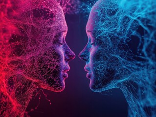 Futuristic Digital Art of Two Faceless Figures with Abstract Neural Network Patterns in Blue and Pink Lighting