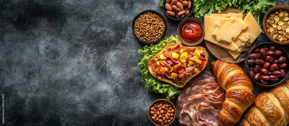 Poster breakfast is served in the morning on the table with croissant bread croissant cereal bacon ham chee