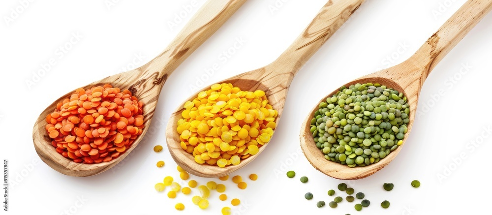 Poster Yellow red and green lentils in a wooden spoon isolated on a white background providing copy space for your text Top view