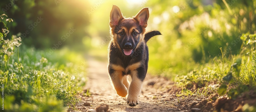 Leinwandbilder puppy shepherd walks outside on a summer day. with copy space image. place for adding text or design