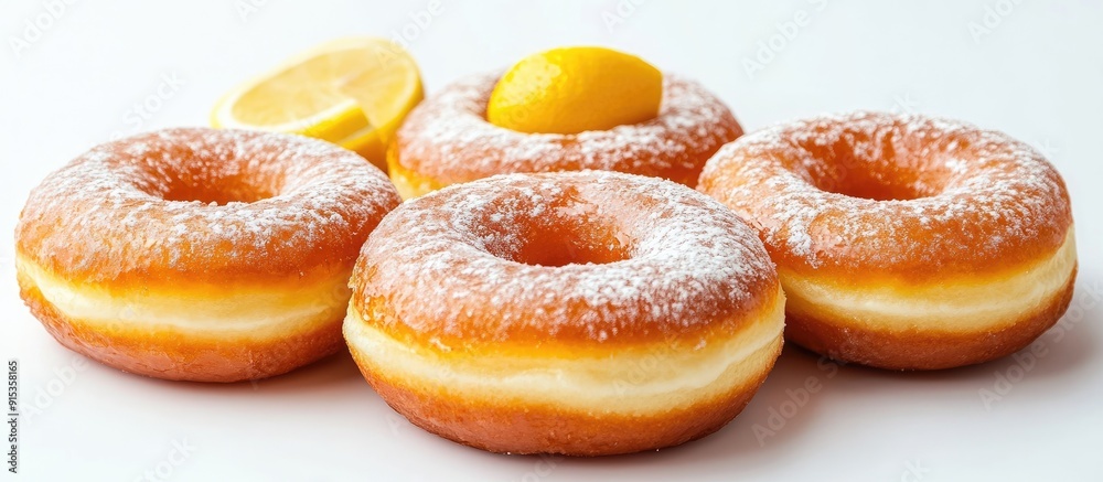 Poster doughnuts filled with creamy lemon on a white background copyspace for your text snack and dessert o