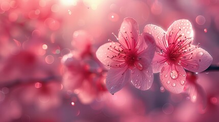 Beautiful blooming cherry blossoms glistening with rain droplets during spring in a vibrant garden setting