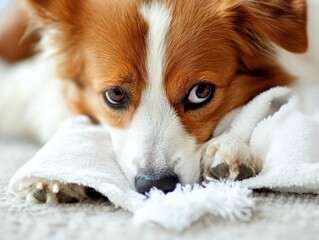 Close-Up of Adorable Dog Resting on White Blanket with Intense Eyes