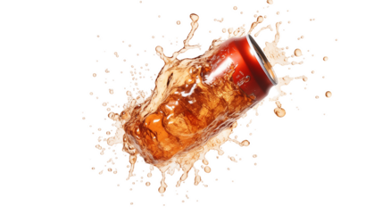 Close-up of soda spilling from a can isolated on a transparent background