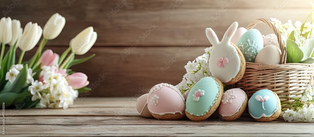 Poster Easter greeting card background featuring pastel colored eggs and homemade cookies shaped like eggs and bunny rabbits along with a basket tulips and a rustic wooden table with copy space