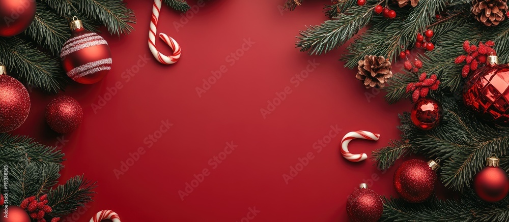 Fototapete Craft background featuring a close up of a Christmas tree and ornaments Empty space for text Red Christmas ornaments spruce branches and cane shaped candies Christmas themed background
