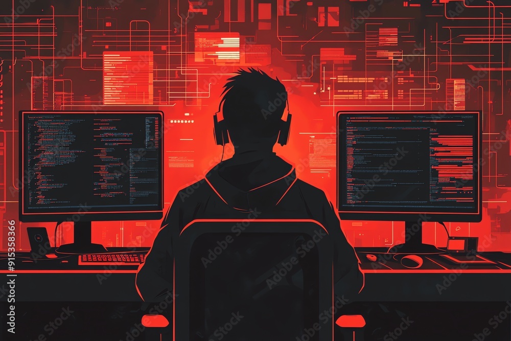 Aufkleber Hacker silhouette working on red background.