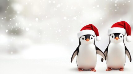 Cute holiday penguins with Santa hats, blank area for text.