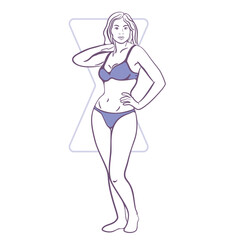 Woman with an hourglass body shape posing confidently in a bikini against a minimalist background
