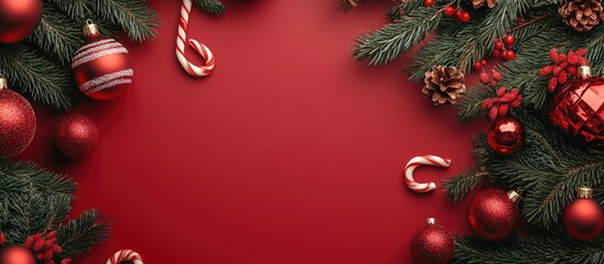 Craft background featuring a close up of a Christmas tree and ornaments Empty space for text Red Christmas ornaments spruce branches and cane shaped candies Christmas themed background