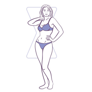 Woman with an hourglass body shape posing confidently in a bikini against a minimalist background