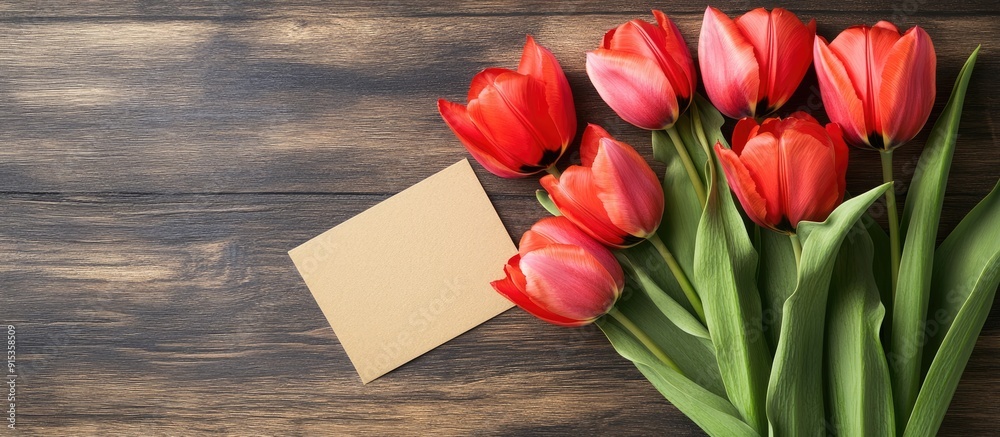 Aufkleber Fresh tulips and a greeting card on a wooden table background. with copy space image. Place for adding text or design