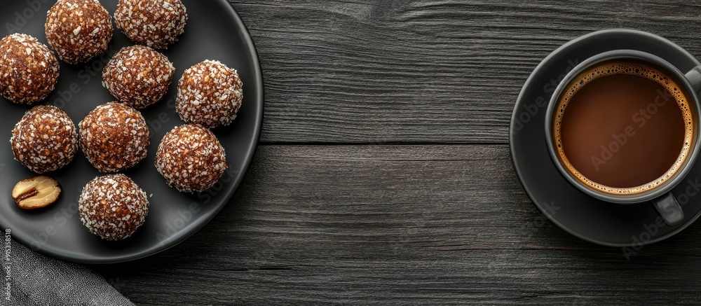 Fototapete nut balls dessert accompanied by coffee on a dark wooden table top view. with copy space image. plac