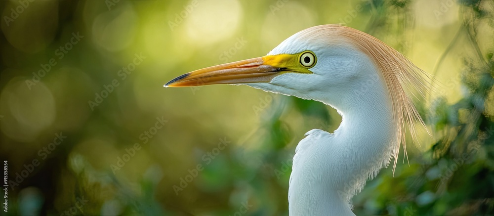Poster closeup profile portrait of a cattle egret with a green grass background and copyspace