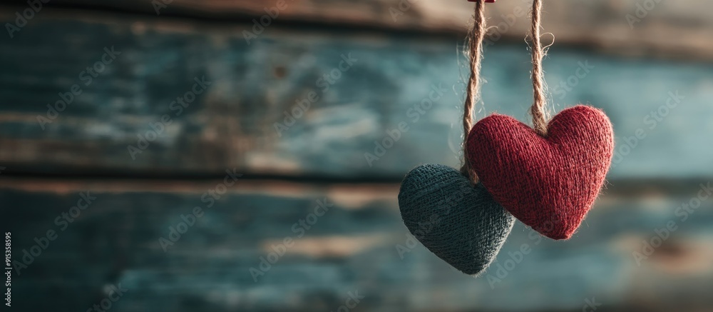Poster Concept of love Hearts hanging from a string captured against a wooden backdrop. with copy space image. Place for adding text or design