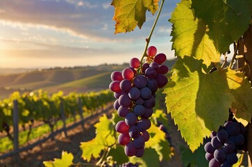 Fototapeta premium Bunch of ripe juicy grapes in the vineyard enlightened by warm sunset light. Beautiful grapevine winery floral photo illustration header. 