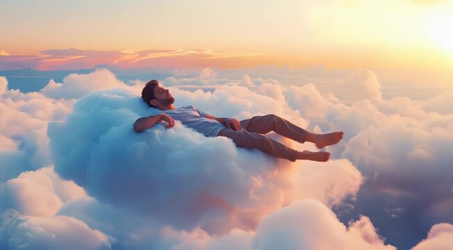 A man relaxing and lying on a cloud in a dreamy, surreal setting during a colorful sunset, conveying a sense of peace and tranquility.