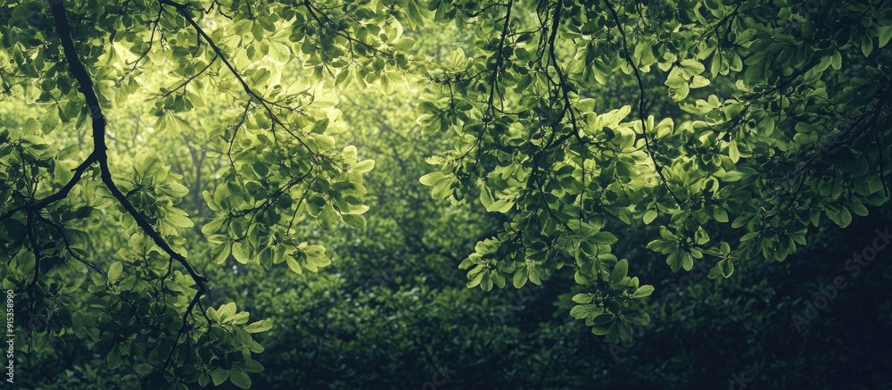 Fototapete Green tree branches in a summer woodland Botanical backdrop. with copy space image. Place for adding text or design