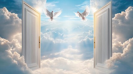 Gilded gates stand open in the sky as doves fly gracefully through fluffy white clouds, creating a tranquil heavenly atmosphere