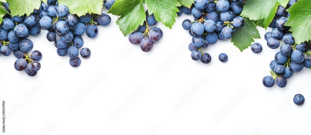 Poster image of blue grapes and prunes with green leaves set against a white background featuring copyspace