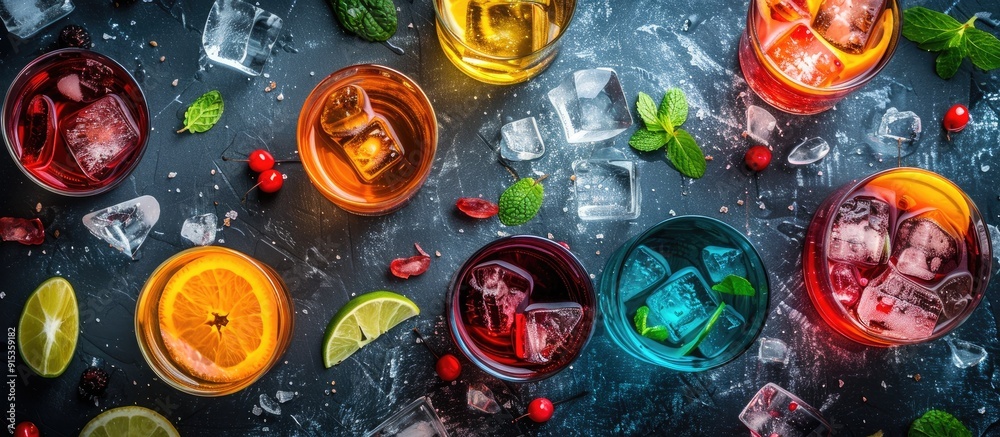 Poster A variety of liqueurs in glasses on a dark textured table viewed from above Room for text. with copy space image. Place for adding text or design