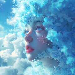 A surreal portrait of a woman with cloud-like hair and a dreamy expression, looking upward surrounded by a celestial blue sky.