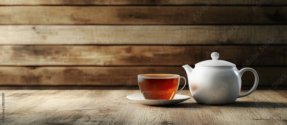 Aufkleber Cup of hot tea next to a white pot on a wooden table. with copy space image. Place for adding text or design