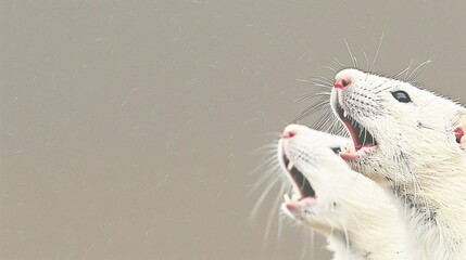 Fototapeta premium This image captures two white mice with their mouths open as if squeaking or communicating, against a neutral background, highlighting their delicate features and whiskers.