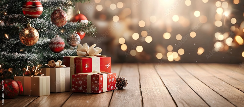 Poster christmas gifts and ornaments set against the backdrop of a cheerful christmas tree. with copy space
