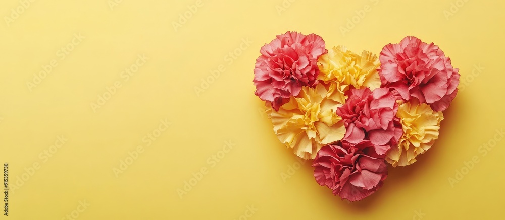 Poster Paper heart with carnation flowers set against a yellow background National Sweetest Day. with copy space image. Place for adding text or design