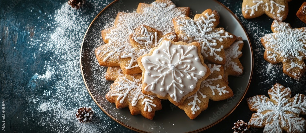 Fototapete Decorated Christmas cookies with icing and powdered sugar on a plate Dark backdrop top view vertical image. with copy space image. Place for adding text or design