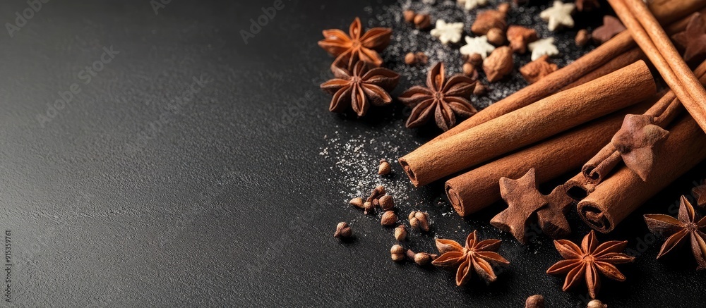 Poster christmas spices such as cinnamon sticks anise stars and cloves. with copy space image. place for ad