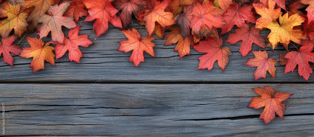 Leinwandbilder Autumn maple leaves on a wooden surface Space for a written message. with copy space image. Place for adding text or design