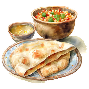 Watercolor of Egyptian Breakfast : Egyptian breakfast includes ful (seasoned beans) and pita bread, breakfast set.