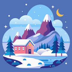 Naklejka premium Vector winter landscape illustration in a flat style. Background for banners, greeting cards, posters, and advertising. Happy New Year and Christmas holidays