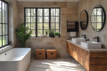 minimalist bathroom design with floating timber vanity matte black fixtures and circular mirrors creating a spalike atmosphere