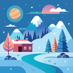 Vector winter landscape illustration in a flat style. Background for banners, greeting cards, posters, and advertising. Happy New Year and Christmas holidays