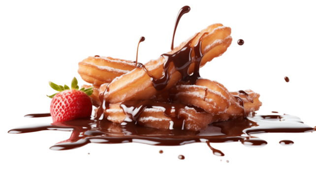Churros dipped in rich chocolate sauce and strawberries with droplets of sauce captured in mid-air isolated on transparent background