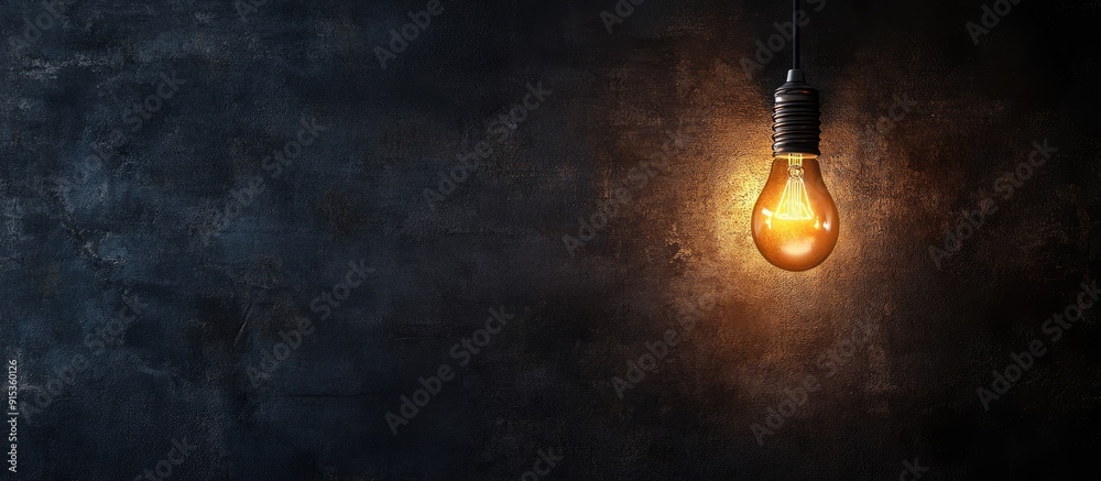 Poster light bulb illuminating a dark wall background with copyspace