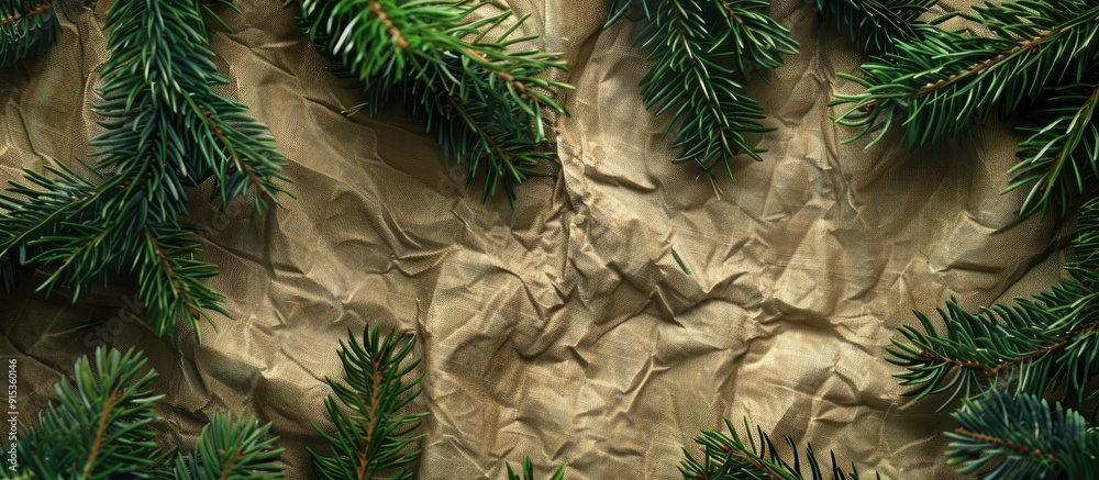 Aufkleber spruce twigs and paper christmas decorations on a wrinkled green linen textile background. with copy
