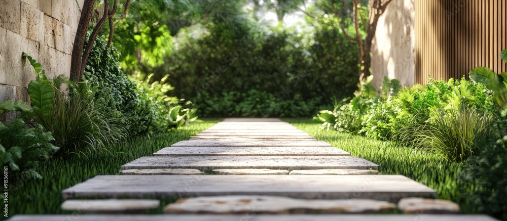Aufkleber fascinating walkway in the yard. with copy space image. Place for adding text or design