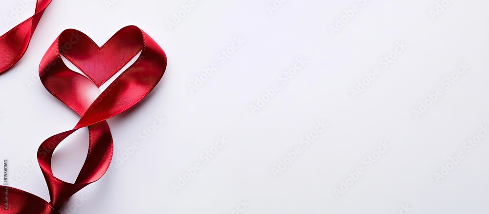 Aufkleber Red satin ribbon in the shape of a heart on a white background with copy space Macro shot with shallow depth of field