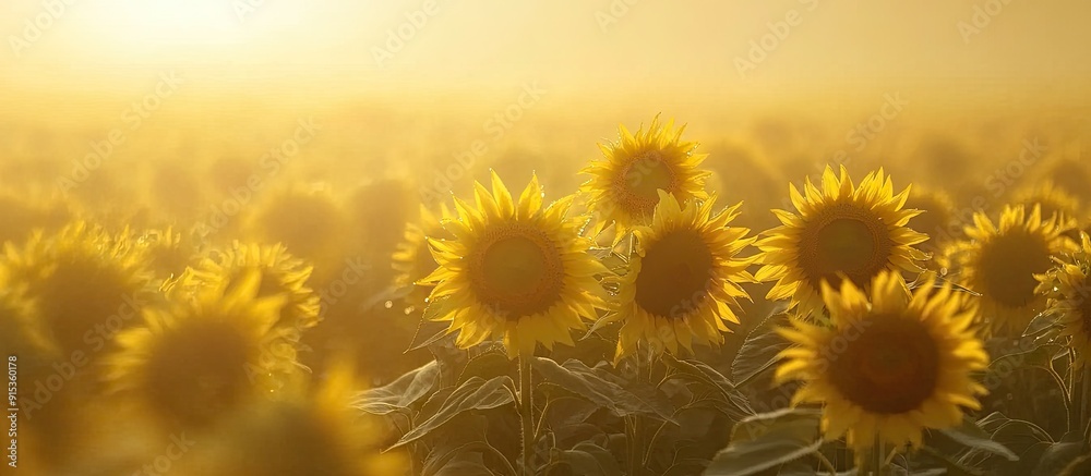 Poster Field of sunflowers in morning mist meadow shrouded in fog morning fog over the field. with copy space image. Place for adding text or design