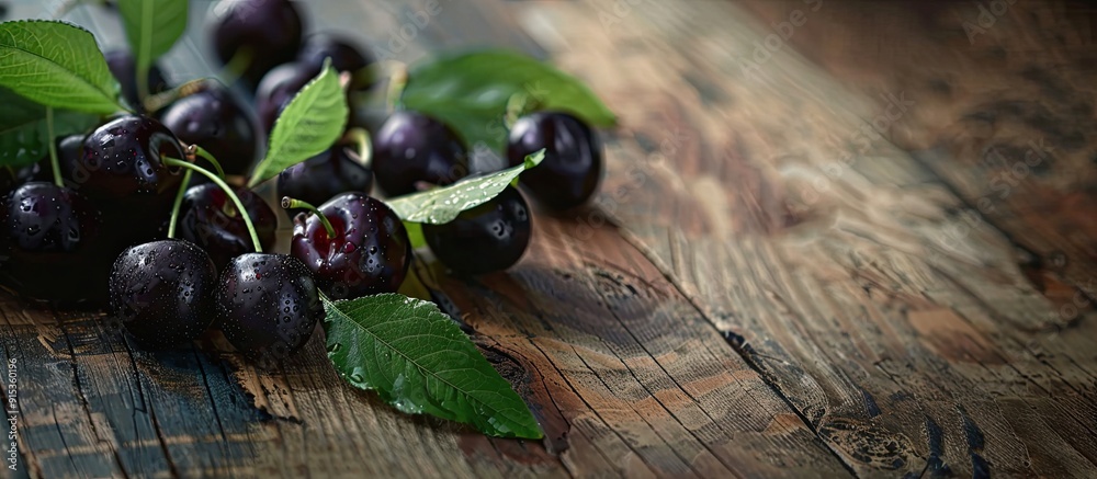 Leinwandbilder close up of fresh black cherries on a wooden surface. with copy space image. place for adding text o