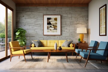 Fototapeta premium Mid century modern living room architecture furniture building.