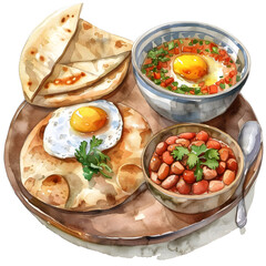 Watercolor of Egyptian Breakfast : Egyptian breakfast includes ful (seasoned beans) and pita bread, breakfast set.