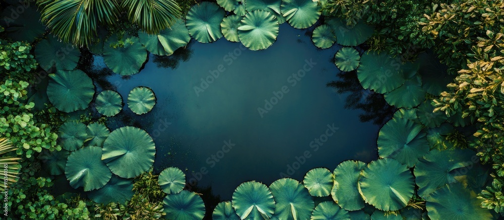 Poster Aerial perspective of lotus plants in a park. with copy space image. Place for adding text or design